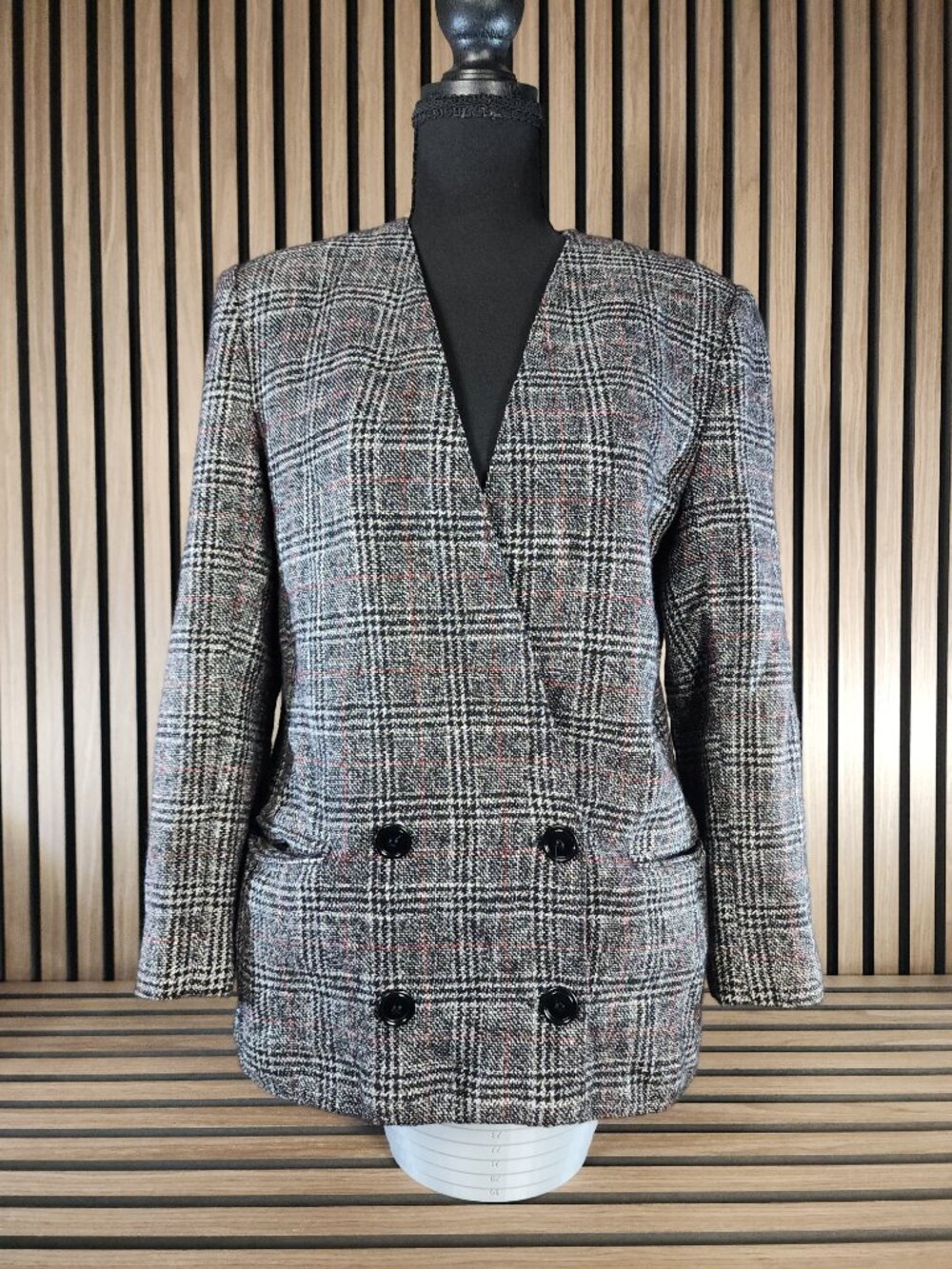 Vintage 1980s Larry Levine Women’s 8 Gray Glen Plaid Double Breasted Blazer